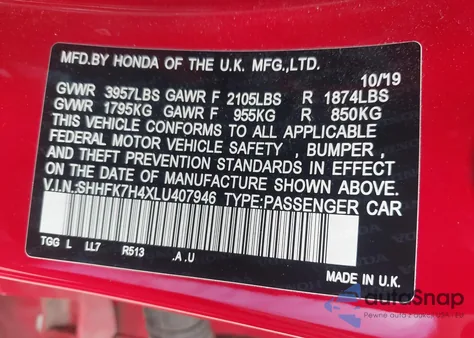 2020 Honda Civic Sport z USA, uszkodzony, nr VIN SHHFK7H4XLU407946